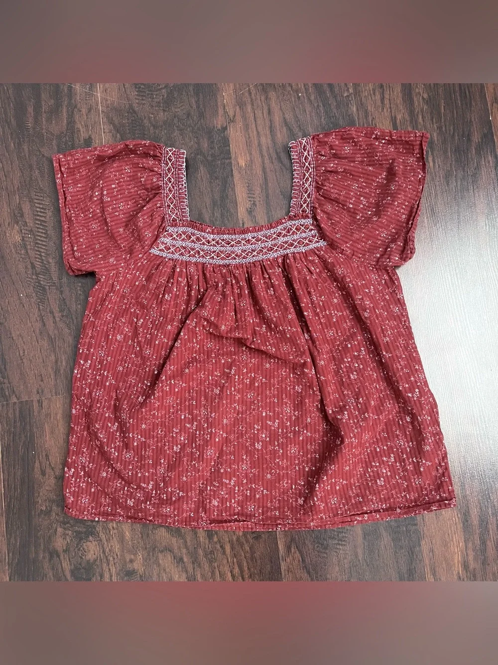 Madewell Square Neck Smocked Top XS Rusted Burgundy Floral Puff Sleeve Cotton